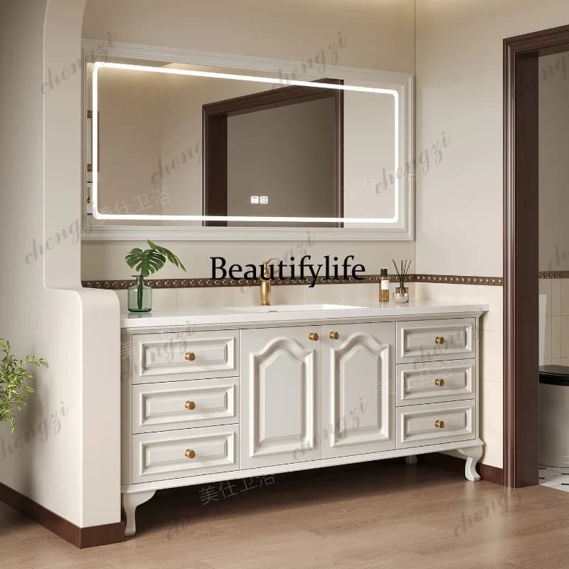 American oak bathroom cabinet combination floor-to-ceiling rock slab ceramic integrated bathroom cabinet intelligent washstand