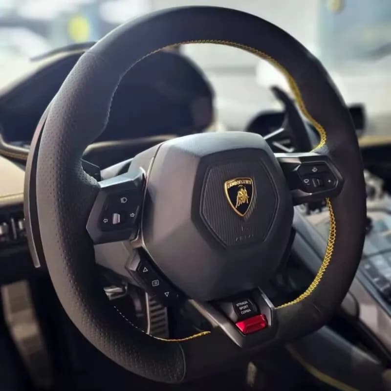 For Lamborghini Urus Huracan Revuelto Black Leather DIY Hand Sewing Car Steering Wheel Cover