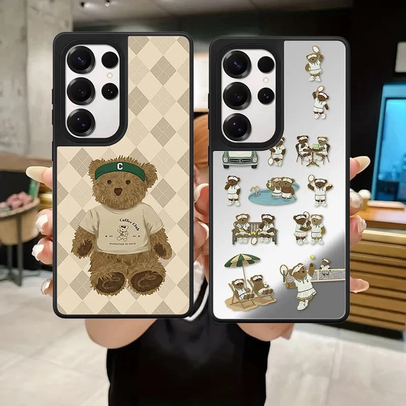 Cartoon Bear Coffee Mirror Surface Magnetic Phone Cover for Samsung Galaxy S23 S24 S25 S26 Ultra S26+ Plus Case