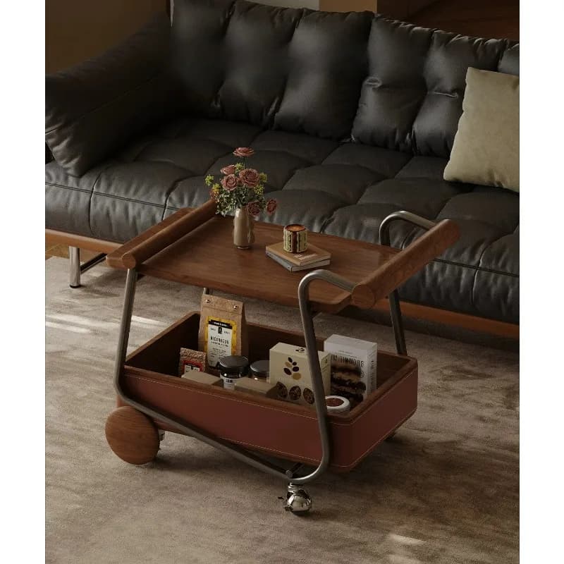 sofa side table, movable coffee table, walnut wood veneer, high-end saddle leather, stainless steel, living room and home use