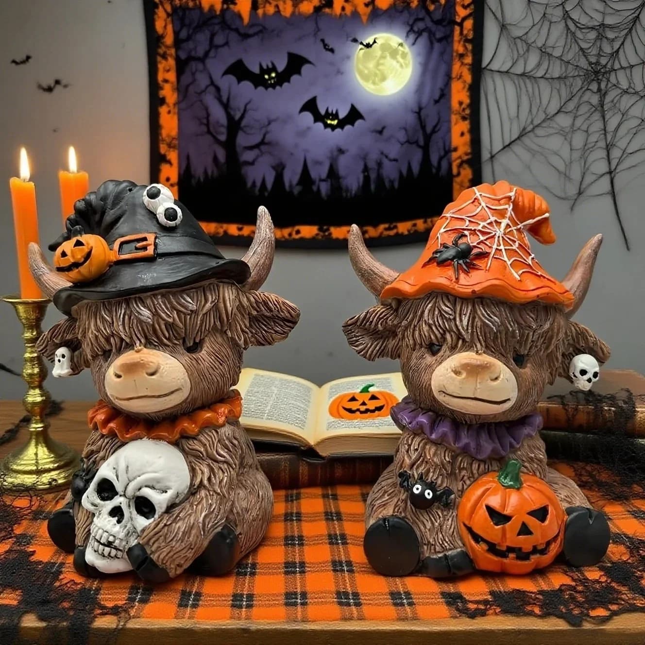Highland Cow Witch Resin Figurine Halloween Cattle Statue Gothic Shelf Bookshelf Desktop Home Bedroom Party Decor Gift