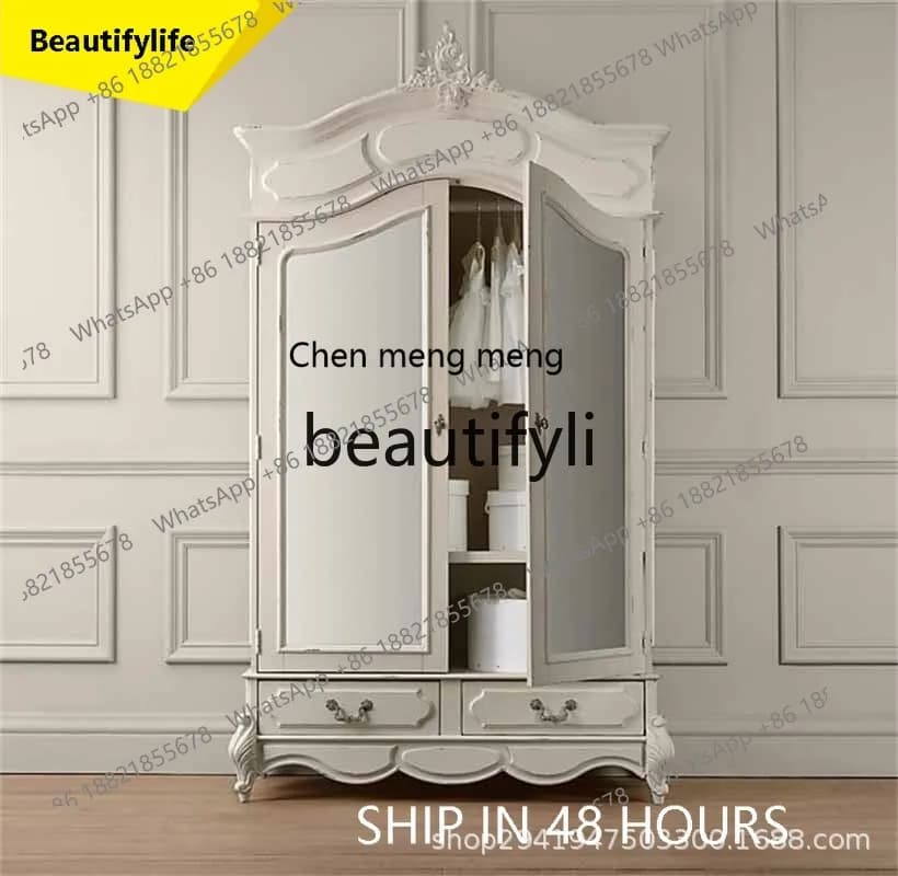 CC Custom solid wood wardrobe European oak carved wardrobe bedroom glass door double door wardrobe