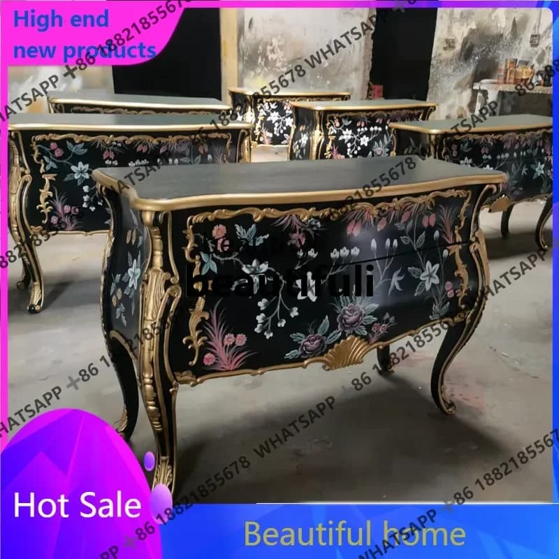 French Style Painted Two-Drawer Cabinet Entrance Partition Dining Side Living Room Hallway Storage Black