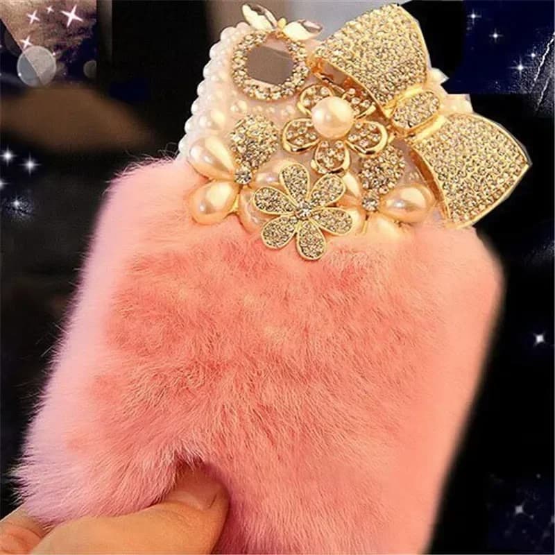 Bling Crystal Fluffy Rabbit Fur Case Winter Soft Crystal Case Bling Crystal for Iphone 15 14 11 12 13 Pro 17 Pro 16 PLUS Case