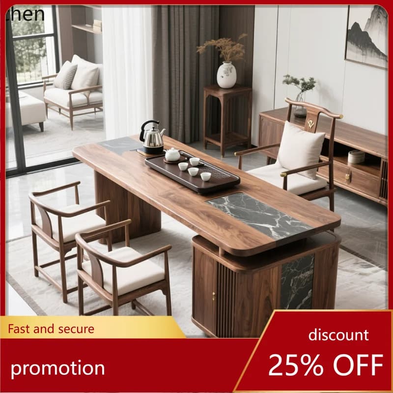 YFY Simple Modern New Chinese Style North Black Walnut Solid Wood Tea Table and Chair Set Modern Light Luxury Home Tea Table