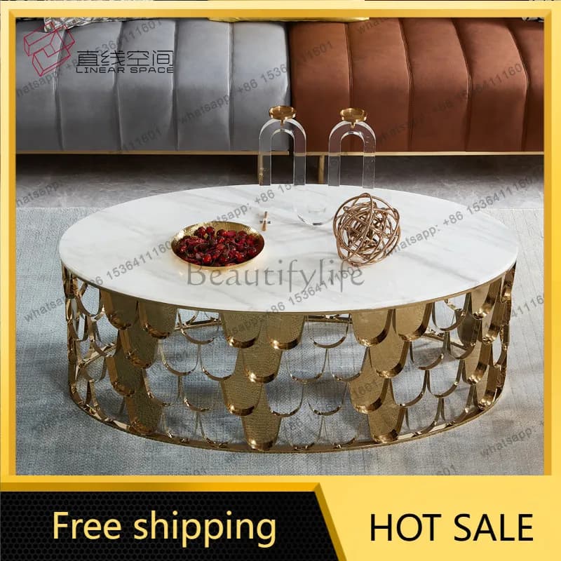 LS light luxury oval marble coffee table creative stainless steel fish scale sofa Nordic living room