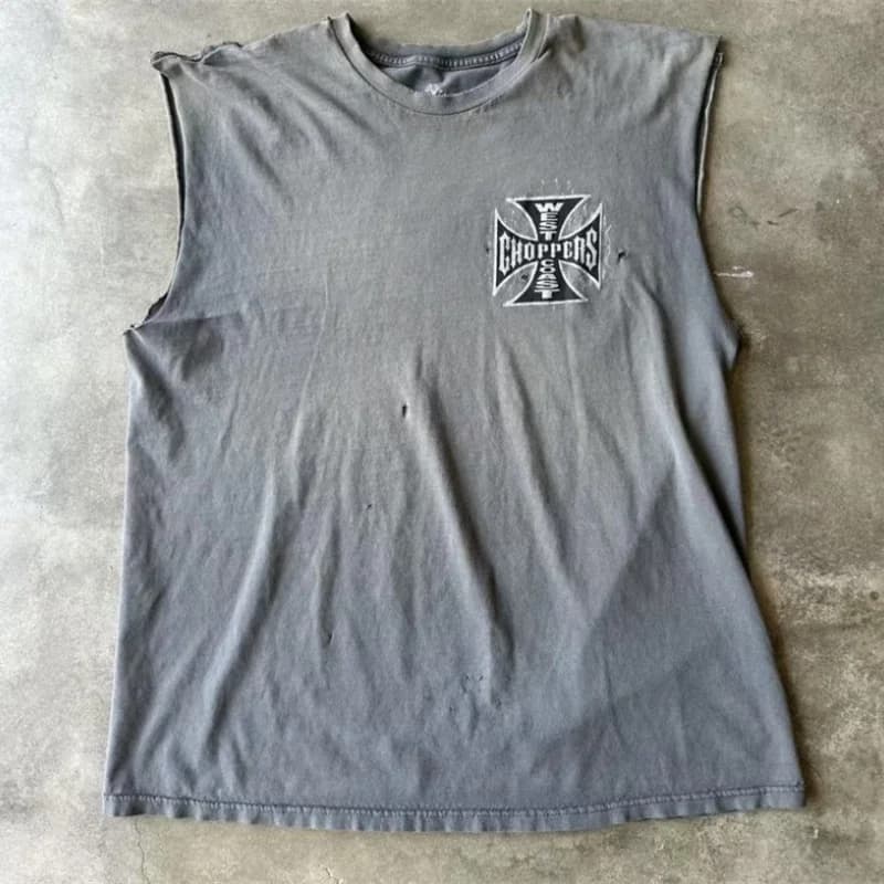 Relaxed Fit Vintage Washed Gray Patterned Print West Coast Choppers Sleeveless T-Shirt Distressed Men Women Premium Quality Tops