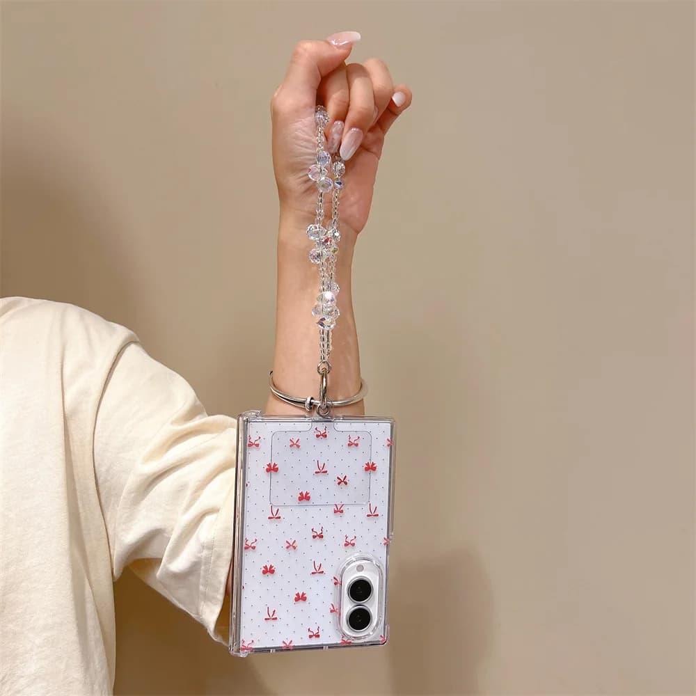 Design White Dots Red Bow Print Cover Phone Case For Samsung Galaxy Z Fold 8 Bead Wrist Lanyard Shockproof Hard Phone Protective