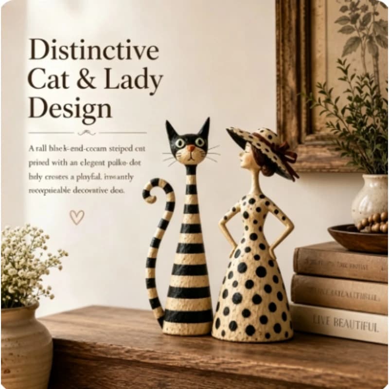 Vintage Cat & Lady Sculpture – Retro Figurine Ornament for Home Tabletop Decor Display Arrangement