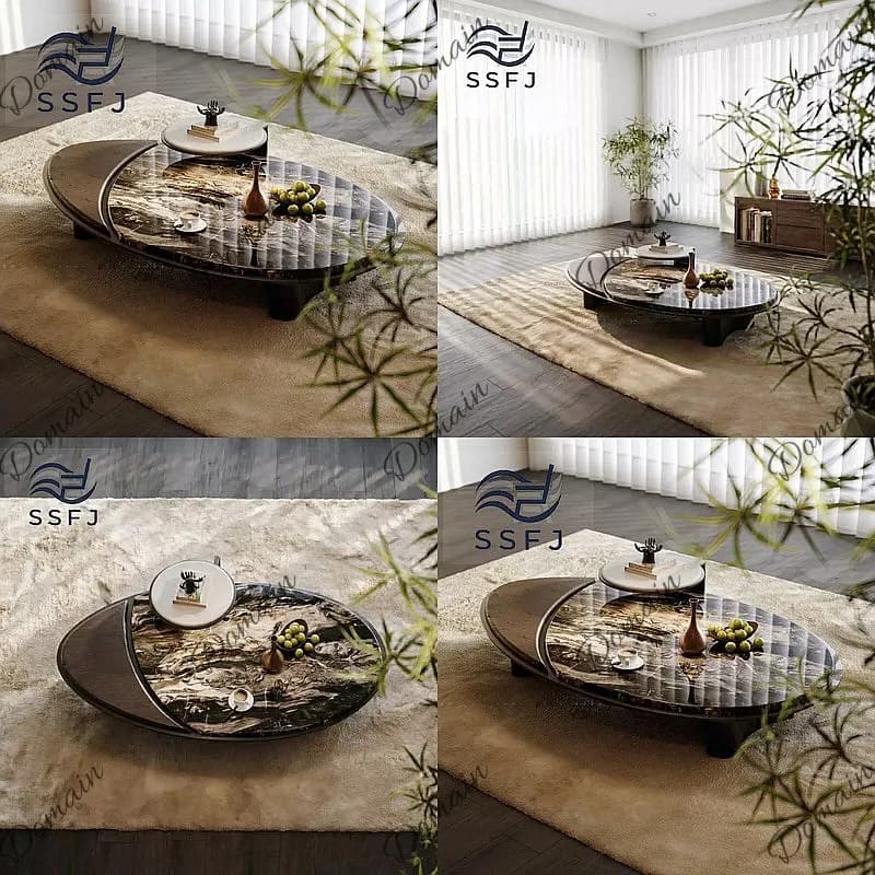Modern Minimalist Oval Coffee Table with Marble Texture Top for Hotel Showroom Living Room Furniture