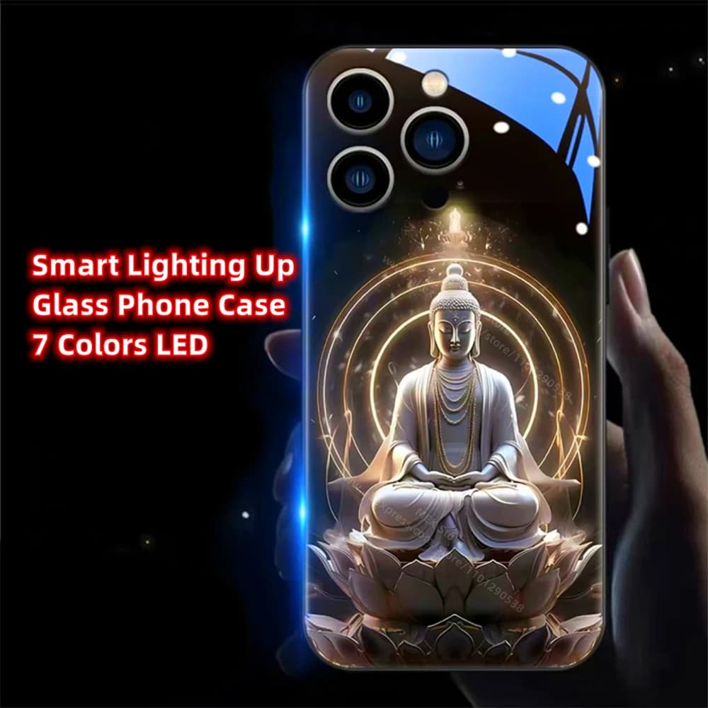 Sacred Buddha Glory Led Light Phone Case Call Flash Glitter Cover For iPhone Air 17 16 E 15 14 13 12 11 Pro Max Plus