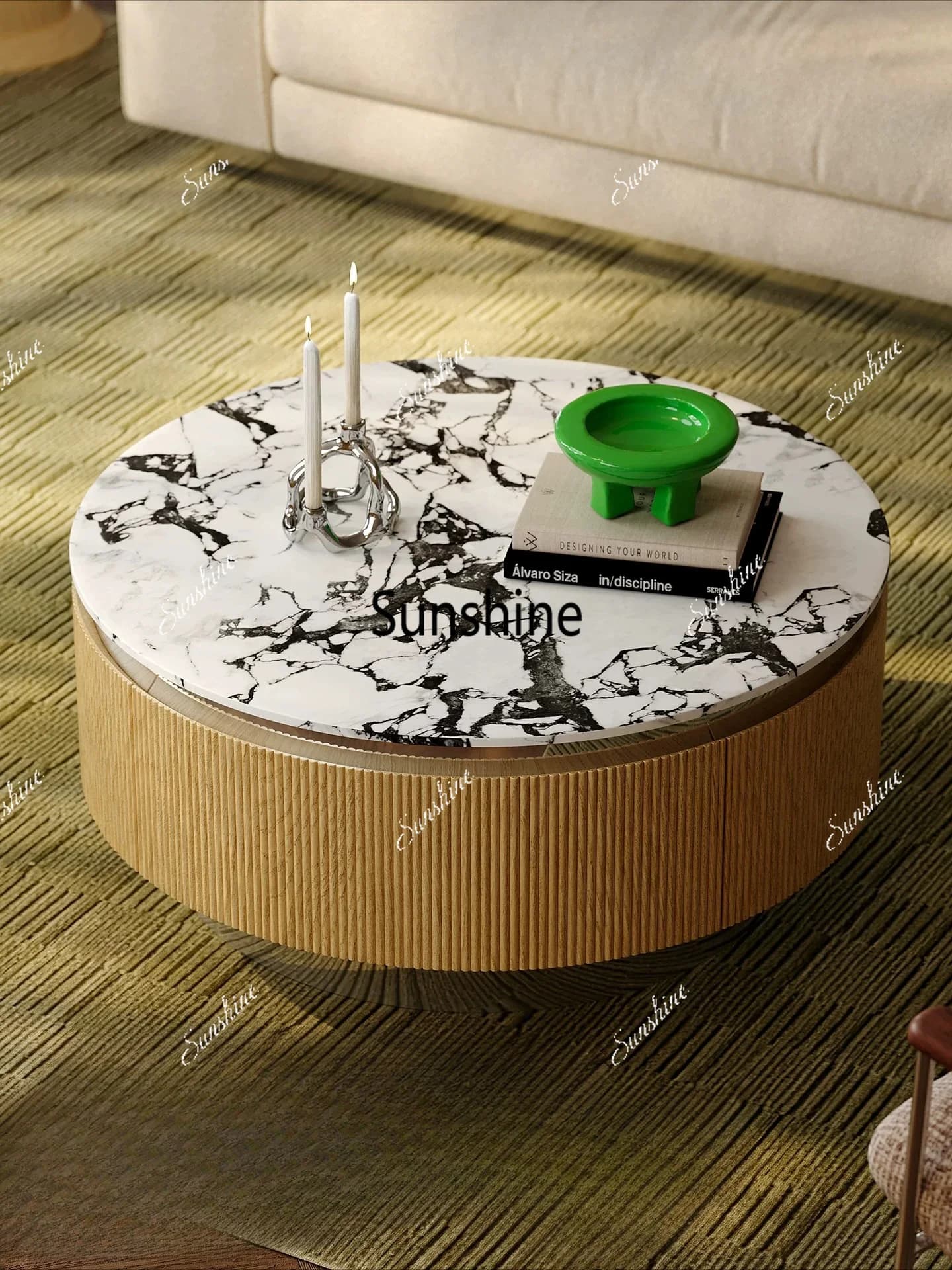 French solid wood tea table marble light luxury round storage coffee tableT*