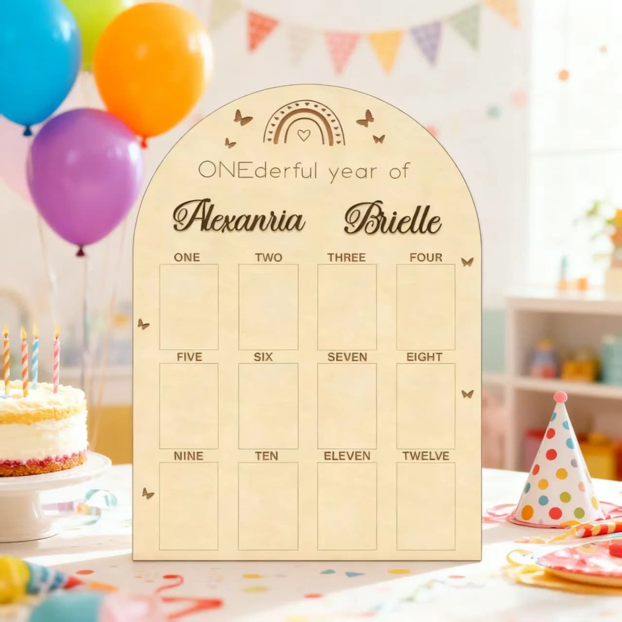 Personalized ONEderful Year Baby Milestone Board - Wooden 42.3x30cm Photo Display, Custom Name, 12 Month Slots, 5 Colors