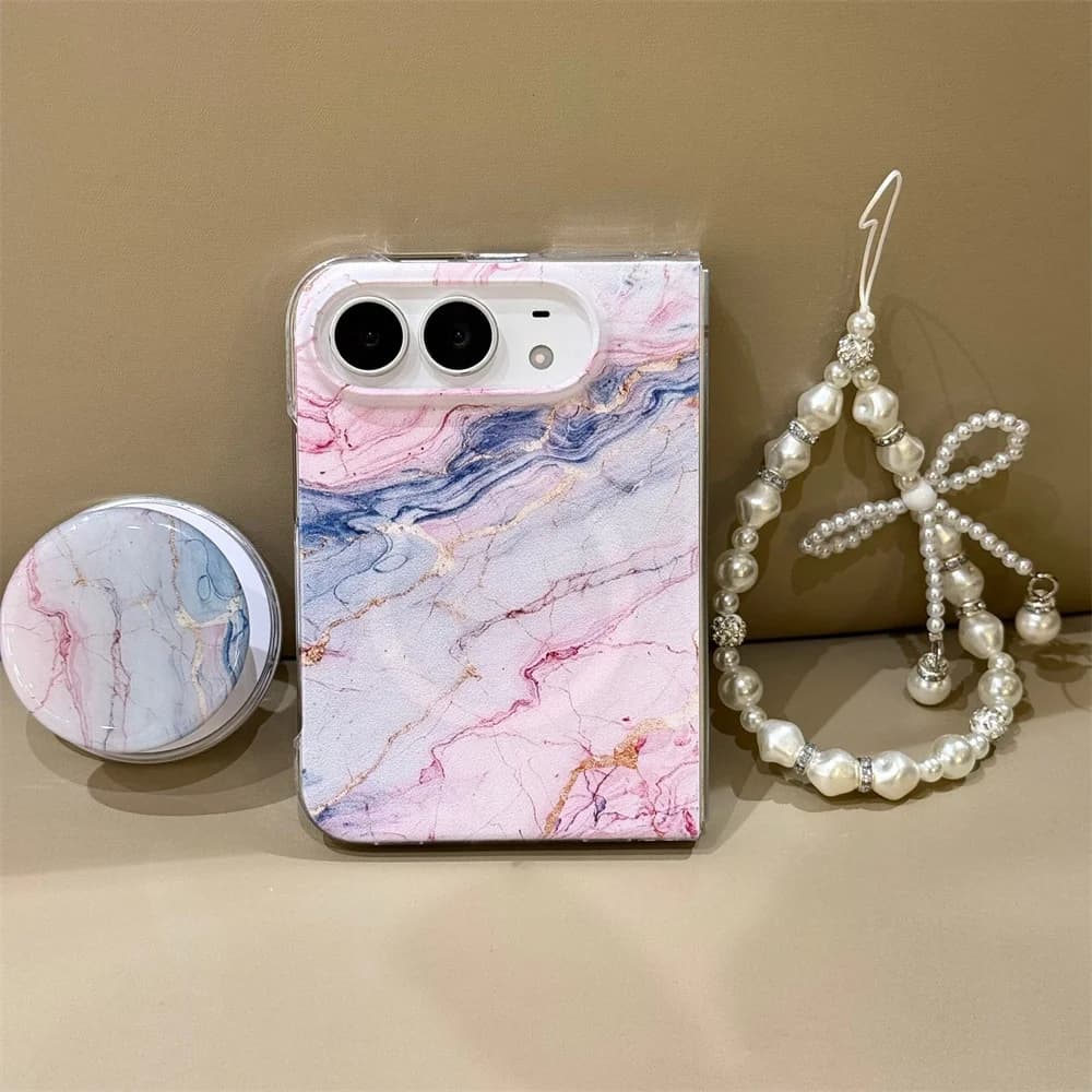 New Korea Ins Marble pattern Magnetic stand Phone Case For iPhone Duo Foldable Protective Cover Cute Cases Shockproof with Chain