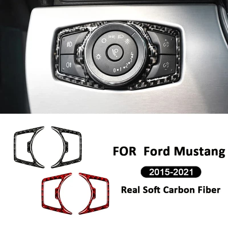 For Ford Mustang 2015-2021 Carbon Fiber Car Headlight Control Switch Panel Trim Frame Decoration Sticker Interior Accessories