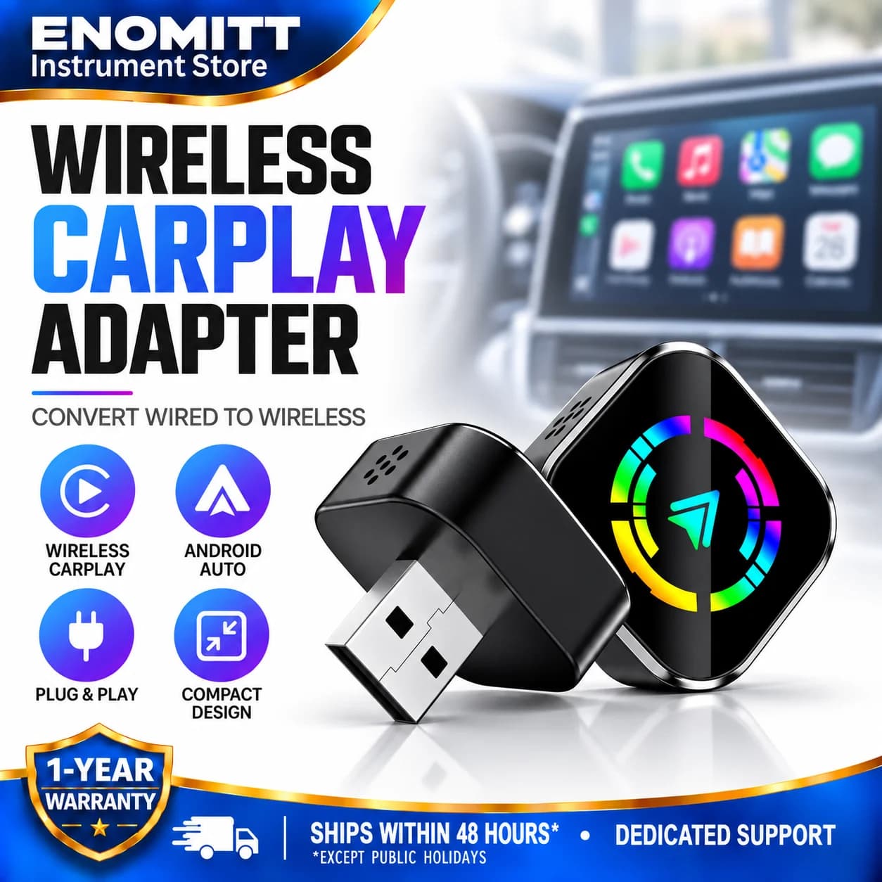 Wireless CarPlay Android Auto Adapter 2-in-1 Mini Dongle Wired to Wireless Bluetooth WiFi Auto Connect for Car SUV Truck Vehicle