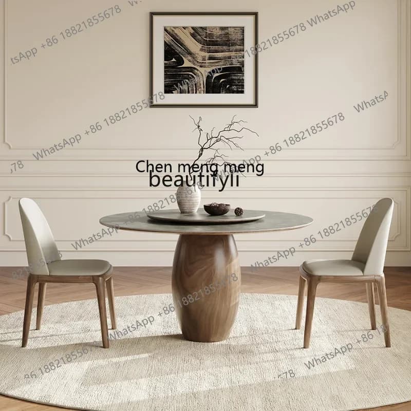 182QMatte Stone Plate round Table with Turntable Home Modern Minimalist North American Black Walnut Designer Solid Wood