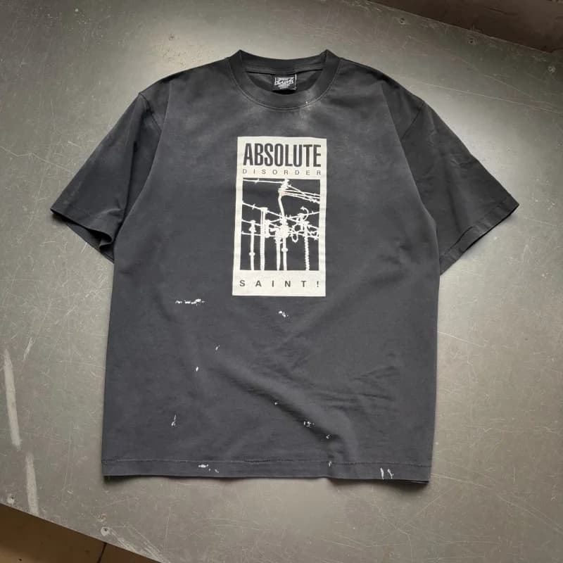 Vintage Charcoal Black ABSOLUTE DISORDER Washed Print Design Streetwear Men's & Women's T-Shirt