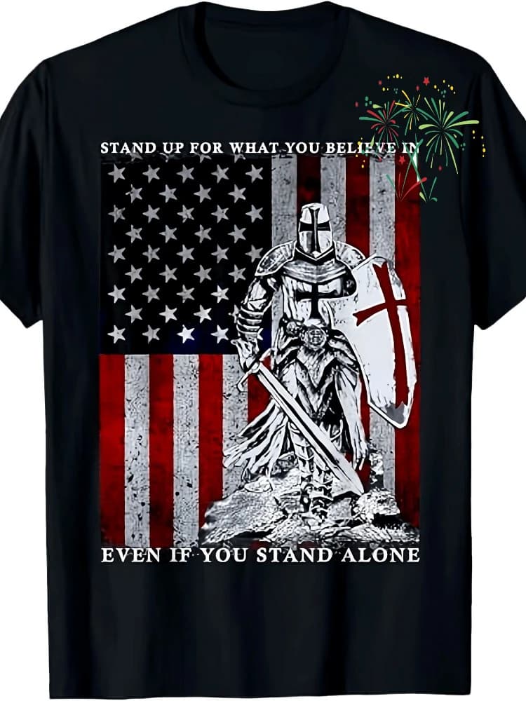 Knight Templar Crusader with American Flag&Medieval Knight design-100% cotton O-neck short sleeve printed men's T-shirt.