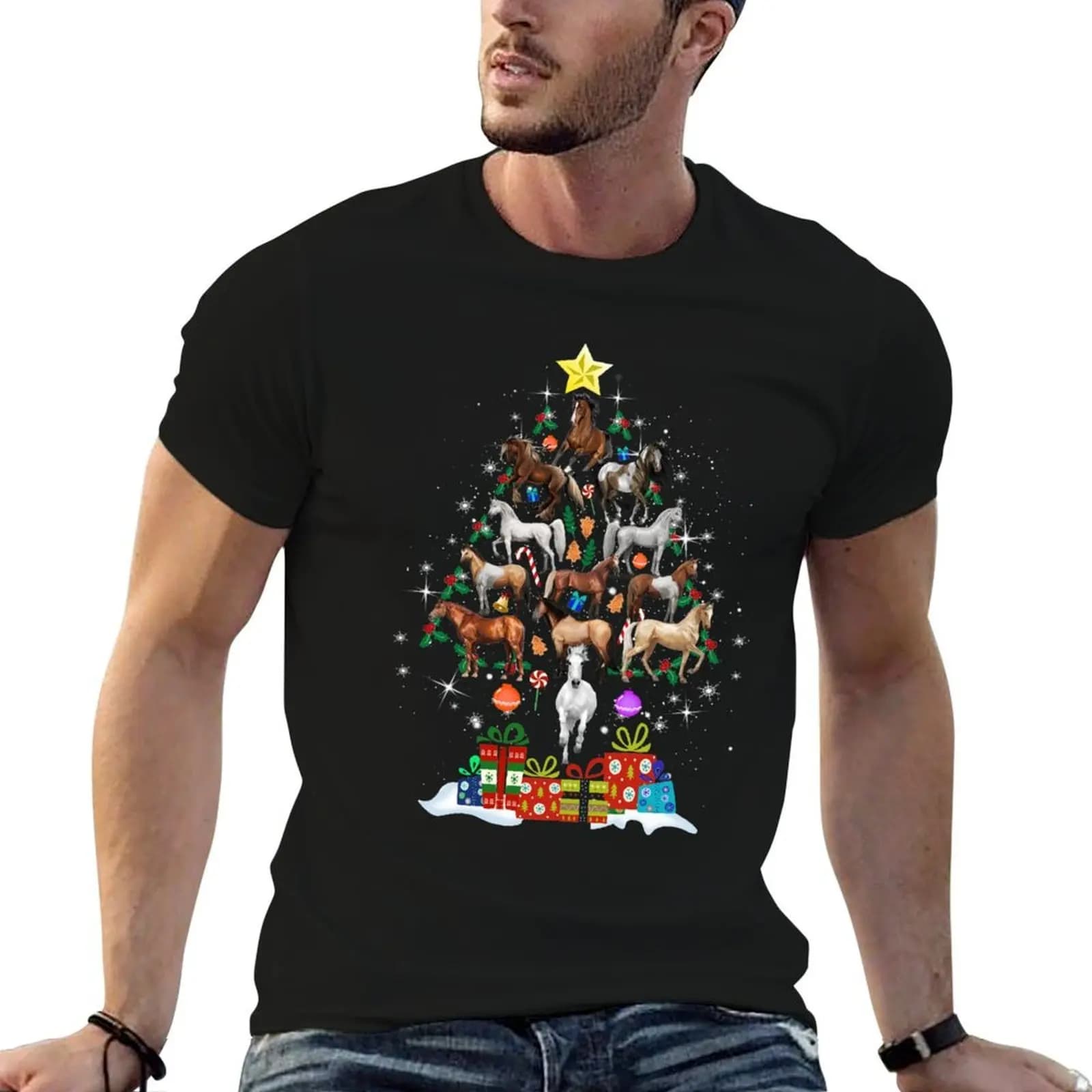 Horse Christmas Tree T-Shirt valentines clothes heavyweights mens clothes