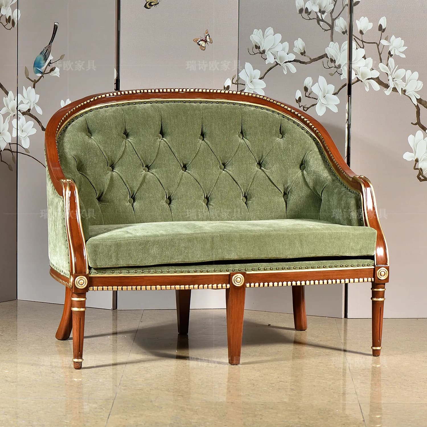 HYS American light luxury solid wood fabric sofa, living room double retro soft bag Phnom Penh decorative sofa, green velvet