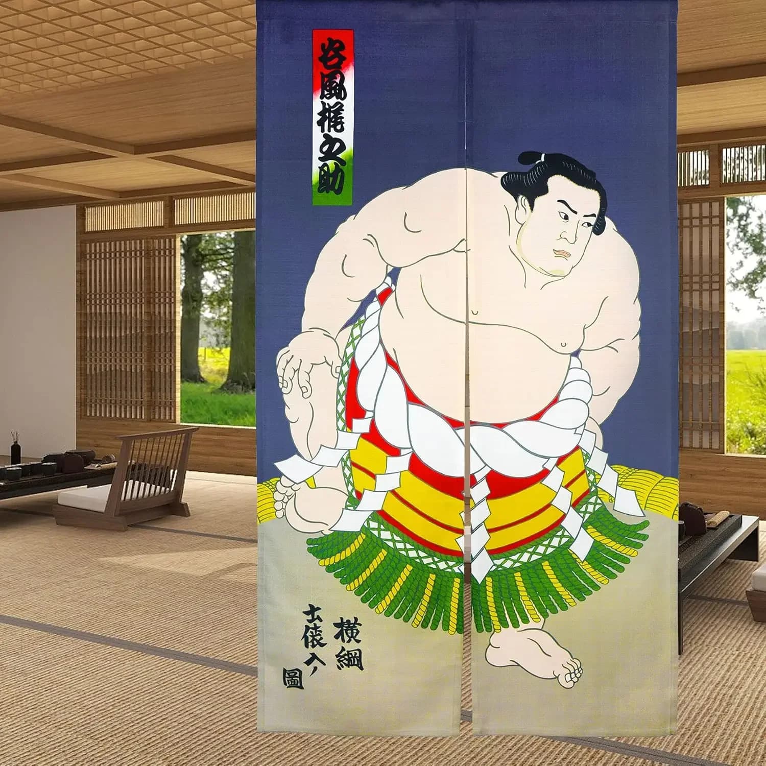 Japanese Sumo Noren Curtain - Traditional Wrestler Print Door Tapestry, Cultural Window Treatment for Home & Dojo Decor