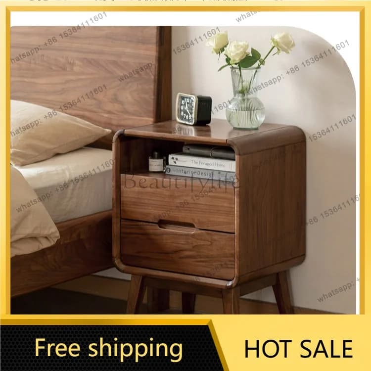 Hot all solid wood bedside table simple modern black walnut storage cabinet
