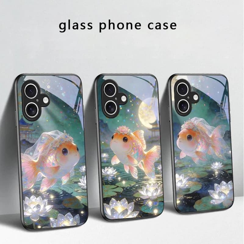 Cute white veil goldfish For iPhone 17 Air 16 E 15 Plus 14 Pro Max 13 12 mini 11 5 6 7 8 Plus XR XSMax SE Black Glass Phone Case