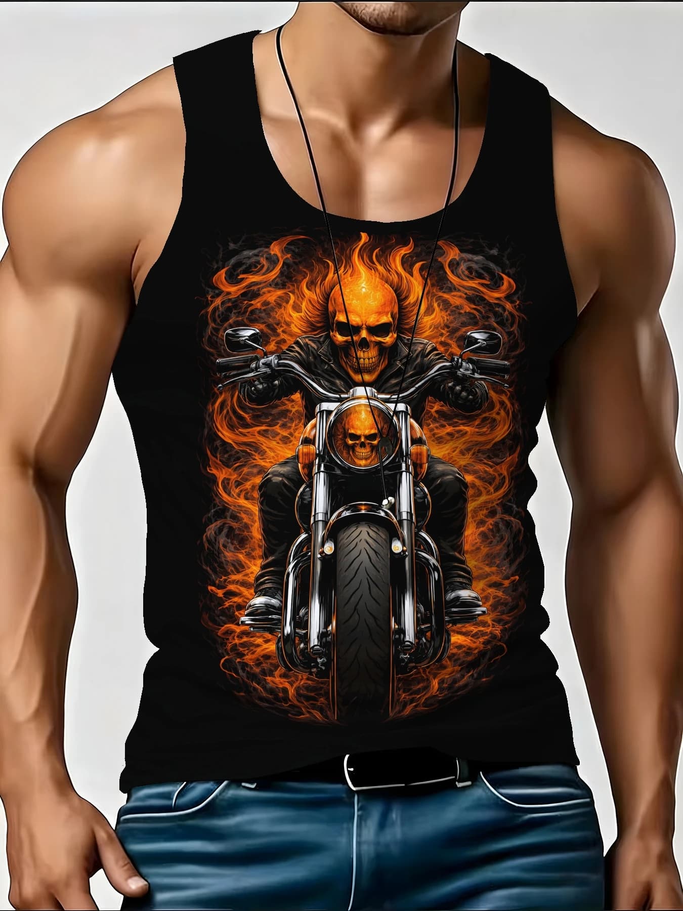 Men's Fashion Tank Flame Skull Motorcycle Rider Graphic Sleeveless Muscle Vest, Vintage Biker Streetwear Summer Workout Top