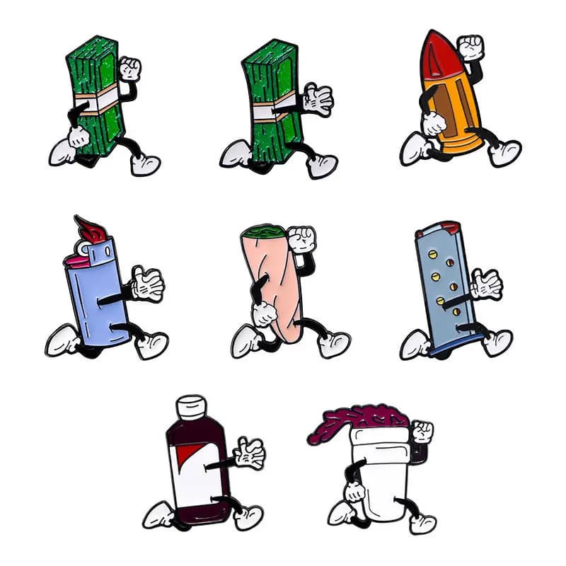 Hot Selling Unisex Cartoon Brooches Alloy Enamel Badge with Coke Dollar Cigarette Pattern for DIY Clothes Bags Hat Scarf Jeans