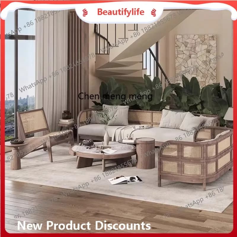 Solid wood sofa retro living room booth hotel, reception to discuss rattan sofa table and chair combination  H