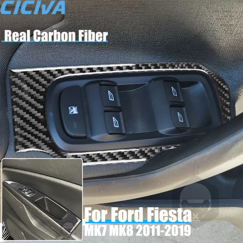 Real Carbon Fiber Car Accessories Door Window Lifting Panel Trim Decorative Cover Soft Sticker For Ford Fiesta MK7 MK8 2011-2019
