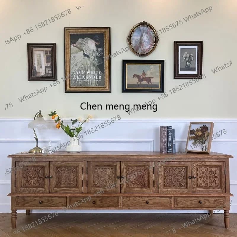 Z136American country style solid wood carving flower TV cabinet combination retro pastoral oak storage cabinet for living room l