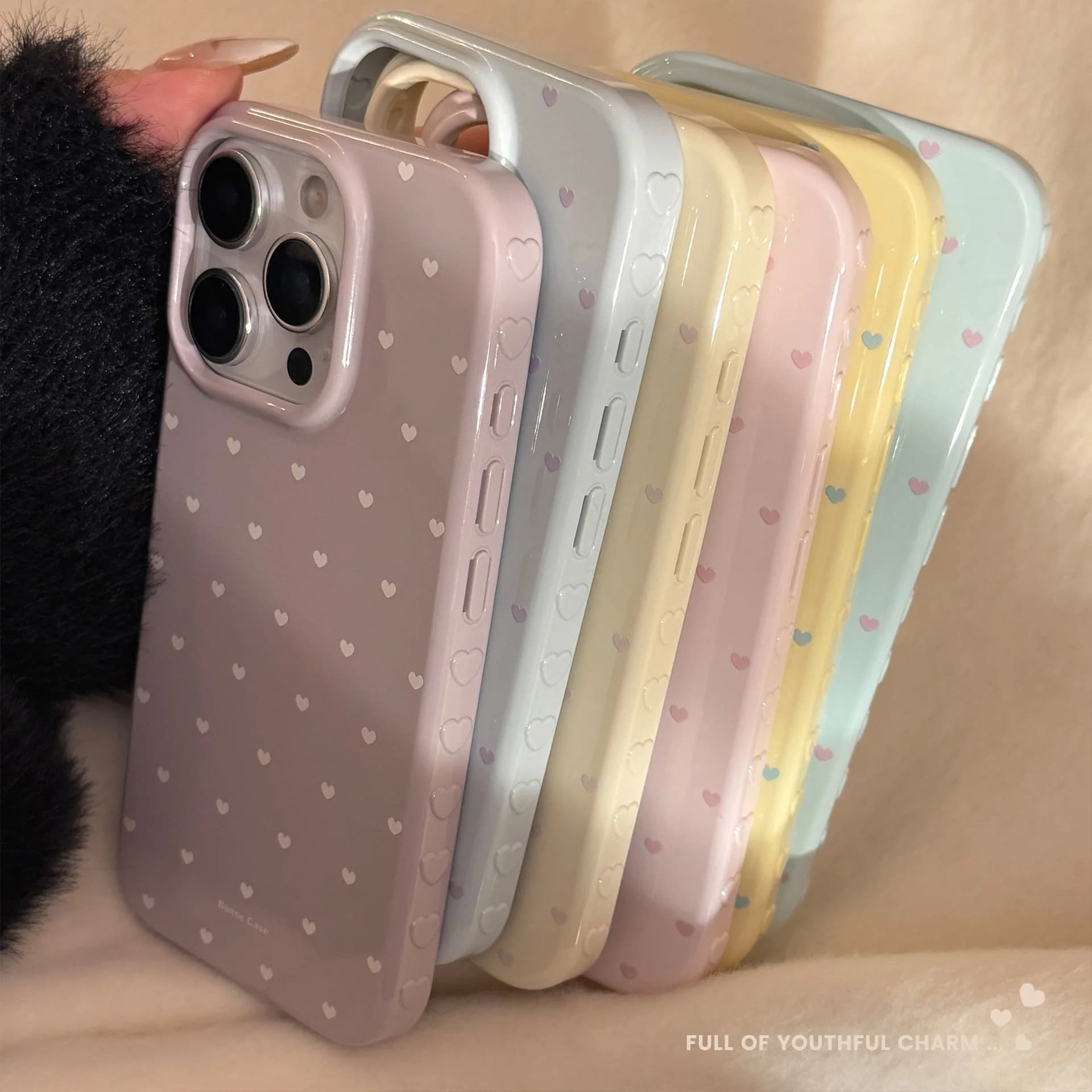 Full Screen Heart-shaped Pink Yellow Purple Phone Case for IPhone 17 16 15 14 13 12 Pro Max Cover with Cute Stand Holder Cases