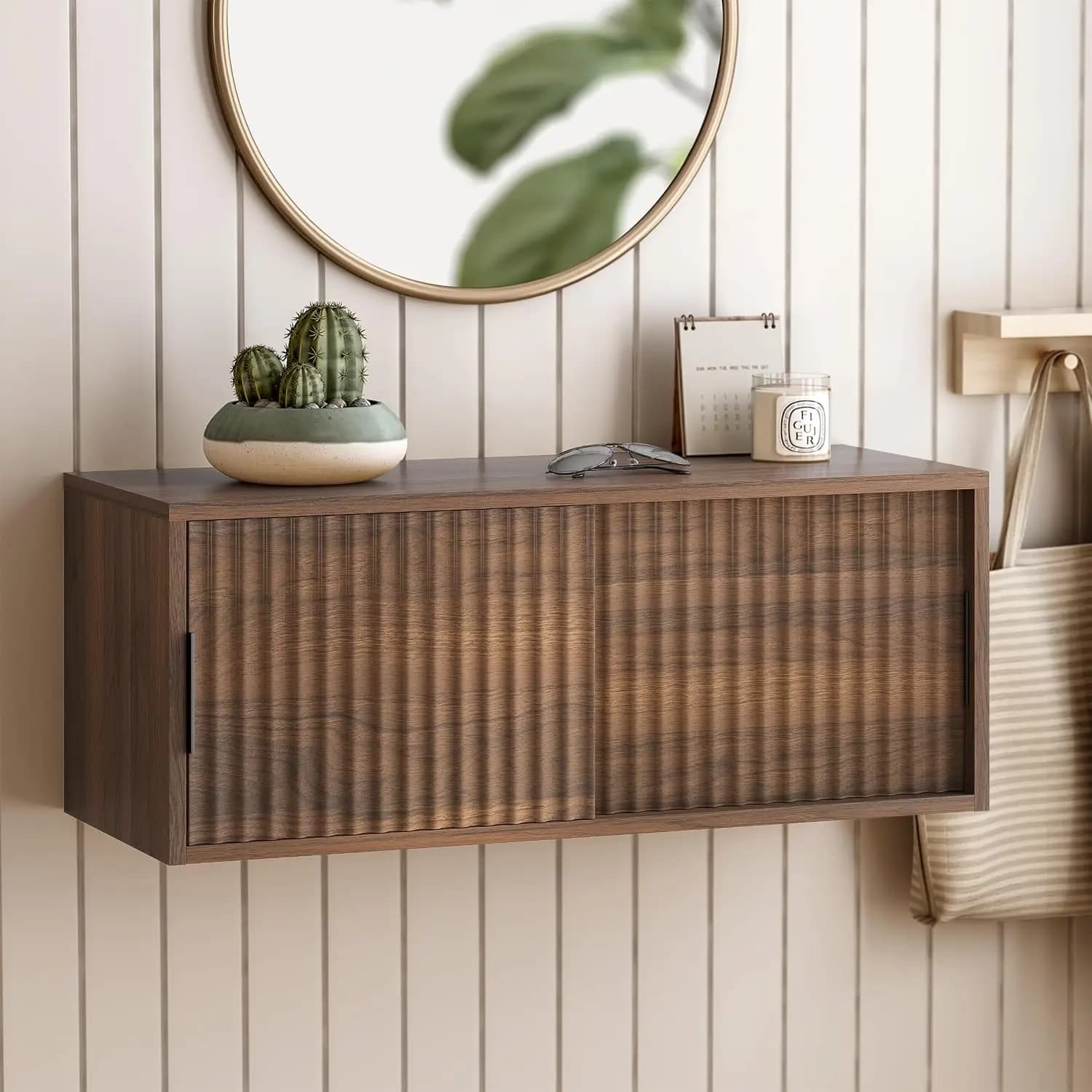 Floating Nightstand with Sliding Doors, Modern Fluted Large Night Stand Storage Shelf Wall Mounted Bedside Tables for Bedroom