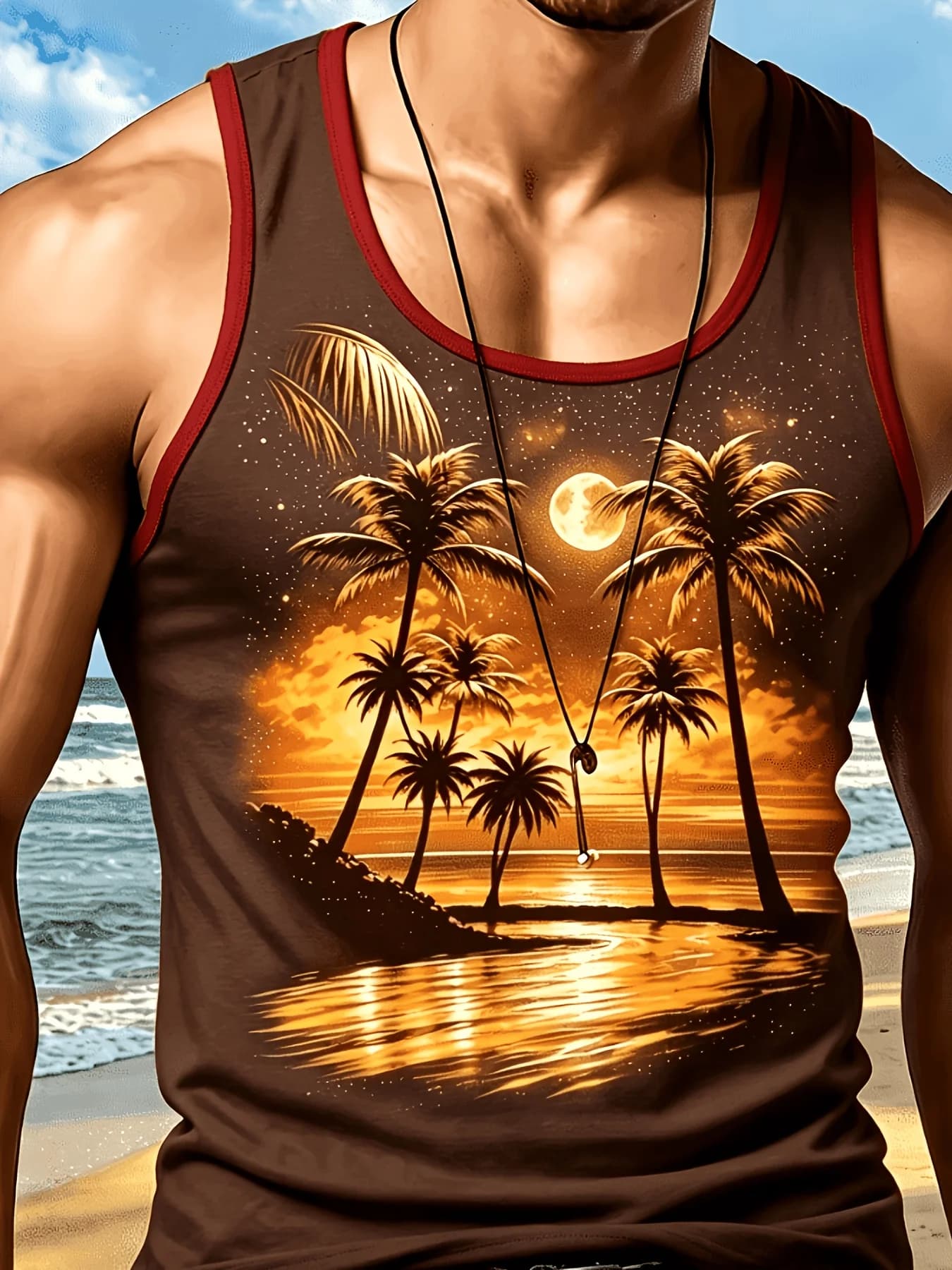 Men's Tropical Palm Tree Moon Beach Graphic Tank Top, Gradient Sleeveless Muscle Vest Summer Casual Holiday Workout Tank Shirt