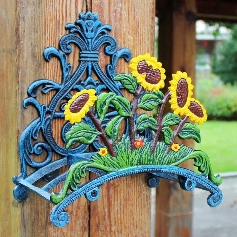 Vintage Cast Iron Wall Mounted Hose Holder Blue With Green Yellow Hand Paint Sunflower Tulip European Garden Decor Hook Heavy