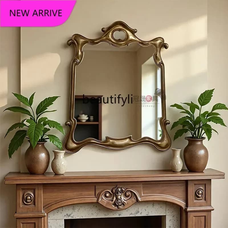 European retro makeup mirror wall hanging, special-shaped vanity mirror French carved porch fireplace decorative mirror6239