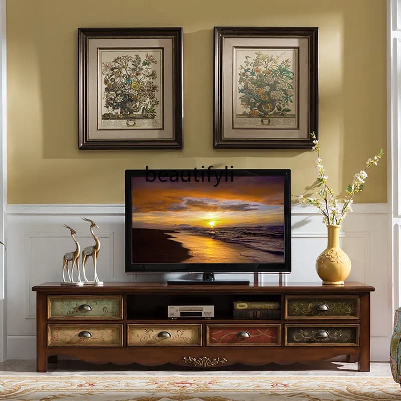 American TV cabinet walnut retro painted solid wood old coffee table combination living room