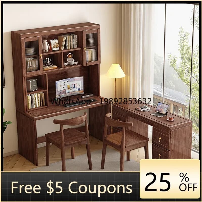 LYY New Chinese Style Black Walnut Solid Wood Corner  Integrated Bookshelf Desk Desktop Computer Office  Study