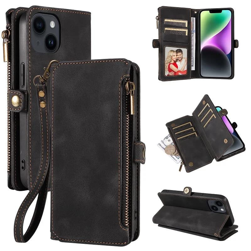 For iPhone 18 Pro Max Wallet Case Foldable Stand Matte Leather Flip Handbag Multi-pocket Zip Strap Pouch Coverage Bumper