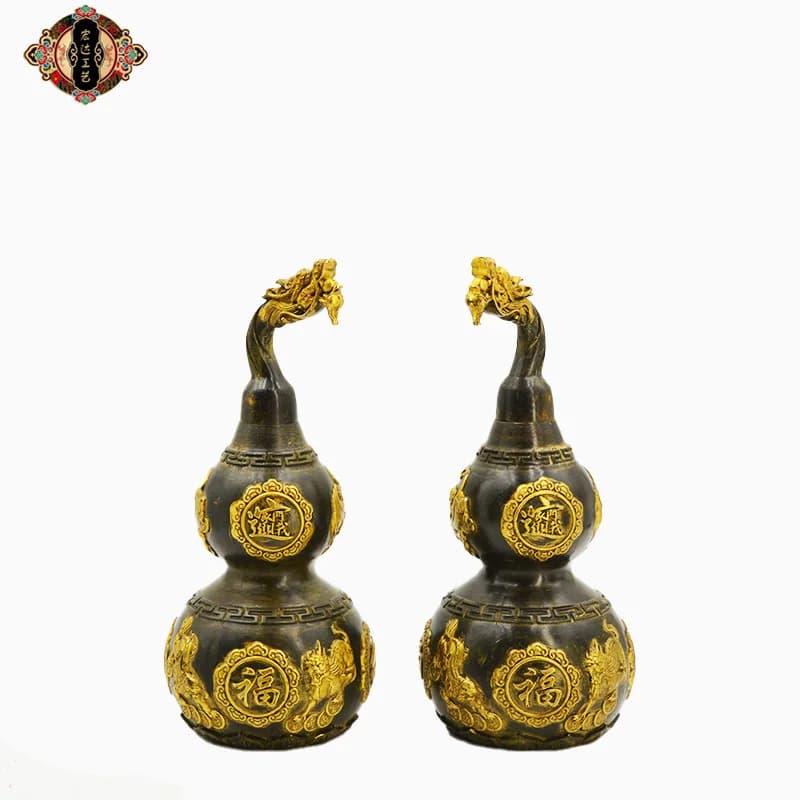 All-brass, patinated, and gilded dragon-head gourd ornament for home entrance decoration