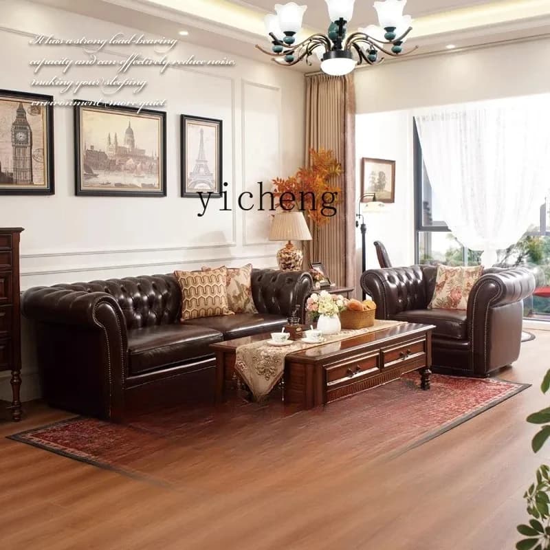 Leather Sofa Rural Simple Retro Small Apartment Solid Wood First Layer Cowhide Sofa Combination Three PeopleD25