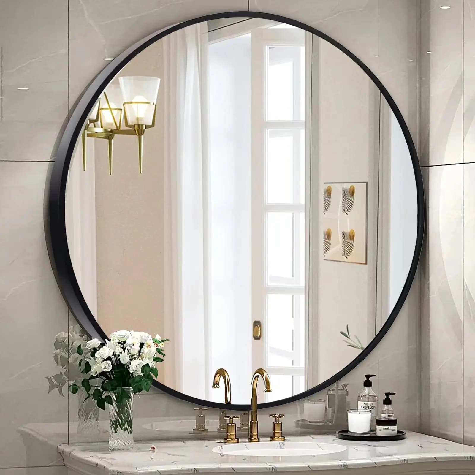 Small Round Bathroom Mirror with Brushed Aluminum Frame,  Modern Metal Rim Mirror for Bathroom Vanity, Powder Room, Entryway