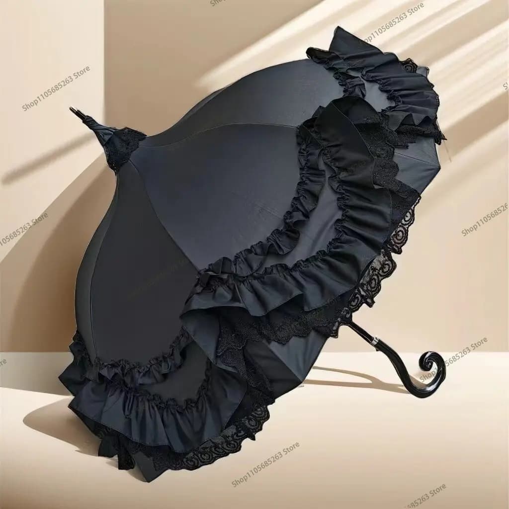 Arched Sun Umbrella with Lace Trim Lolita-Style  Princess-Inspired  for Girls Sun and Rain
