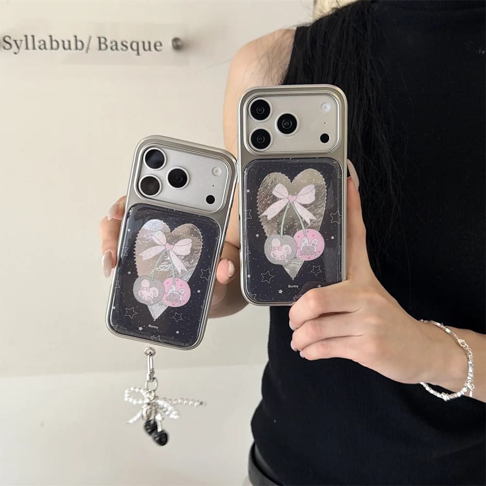 Kawaii Cherry Heart Bow Phone Case For iPhone 18 Pro Max 18 Pro 17 16 15 Electroplated Frame With Pearl Lanyard Shockproof Cover