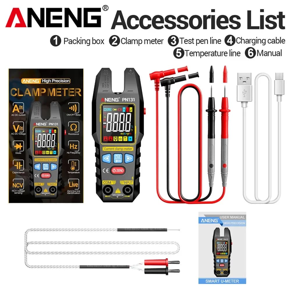 ANENG PN131 Clamp Gauge Type-C Charge 4000 Count NCV Induction Electrical Testing and Maintenance Special Table for Electricians