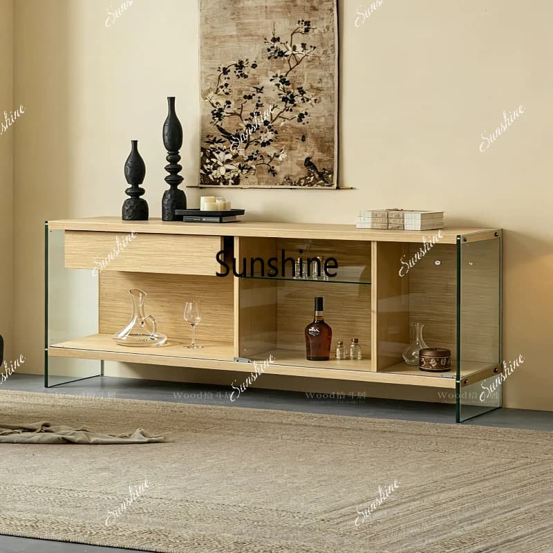 Transparent glass suspended sideboard cabinet, open design of solid wood storage against the wall