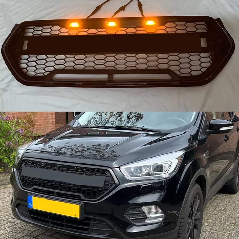 Glossy Black Honeycomb Grille Front Bumper Mask Mesh  Amber Led Racing Grills Upper Grid For Ford Escape Kuga 2017 2018 2019