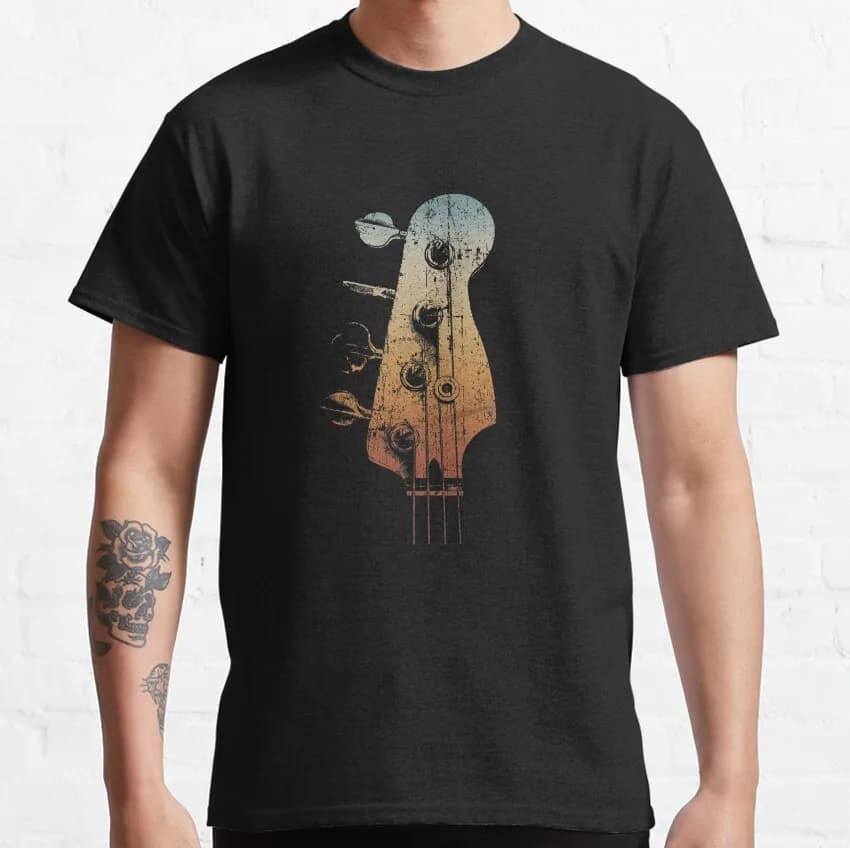 Vintage bass guitar Sunset headstock for bassist Graphic T-Shirt for Music Lover Bassist Rock Music Unisex Short Sleeve Tee